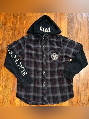 Medium BlackCraft Red & Grey Plaid & Fleece Sleeves Hooded Woven Button-Up